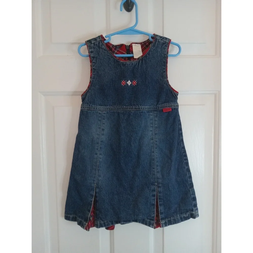 Izod Toddler Girls Jean Jumper Dress Size 4T Sleeveless Denim Jumper Plaid‎ Blue